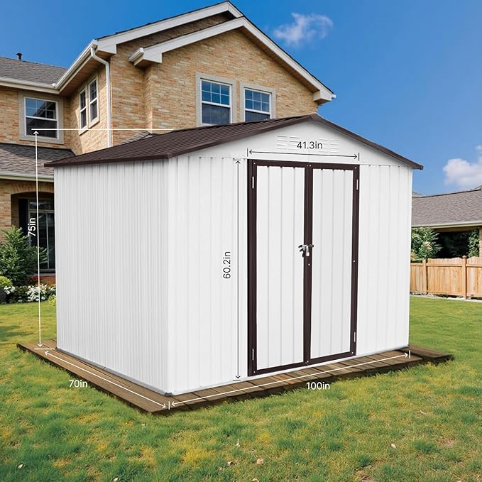 8' x 6' Outdoor Storage Shed, Sturdy Metal Building w/Lockable Doors for Garden, Backyard, Poolside and Lawn, Brown+White