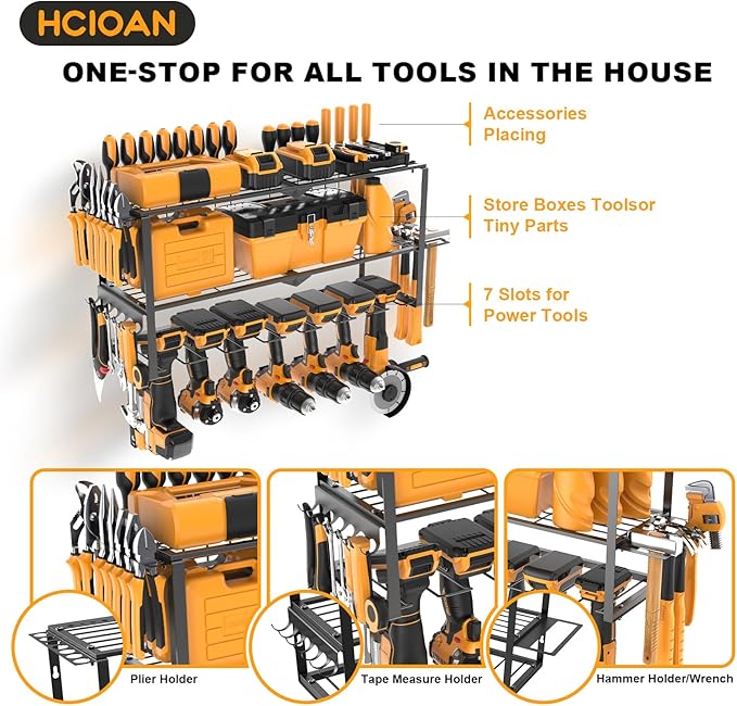 Large Power Tool Organizer Wall Mount, Power Tool Shelf System Battery Storage with 8 Cordless Drill Holder，3 Layers Heavy Duty Metal Loads 450lbs，Utility Racks for Garage Workshop