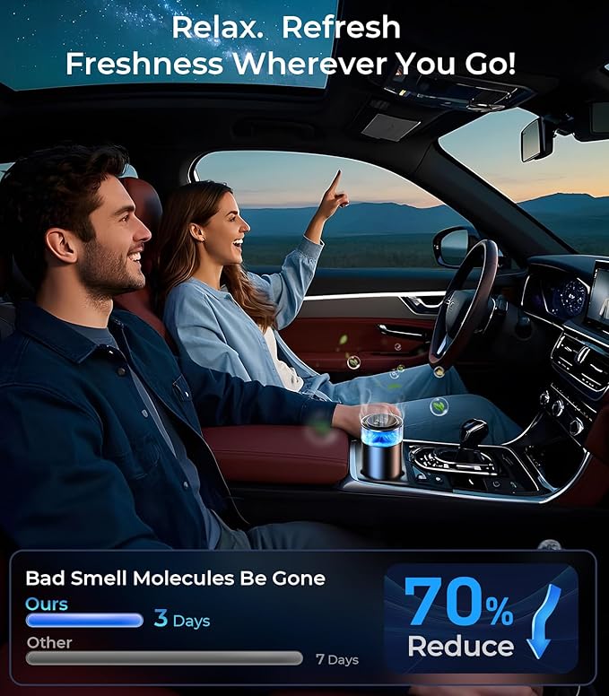 Smart Car Air Fresheners, Ambient Light & Mist Fragrance, Auto On/Off Car Air Freshener Diffuser, Adjustable Intensity, Lasts 6 Months, Built-in Battery, Premium Scents Refill X2 - Mystic Ice