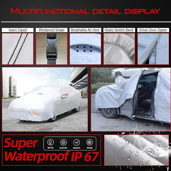 30 Layers Heavy Duty Car Cover for Automobiles All Weather Waterproof, Outdoor Snowproof UV Protection Windproof, Door Zipper, Soft Cotton Universal Car Covers (Silver, Fit Sedans 171"-180")