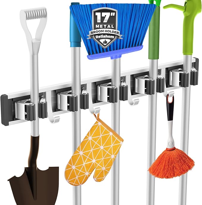 Broom Holder Wall Mount Mop and Broom Hanger Wall Mounted Garage Storage Rack Kitchen Garden Tool Organizer (5 Racks with 4 Hooks, Black)