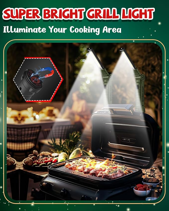 Coquimbo Tool Gifts for Men Him, Rechargeable LED Work Light Grill Light with Magnetic Base and Hook 5 Modes 360° Rotate Mechanic Light Birthday Gifts for Dad Husband Men (2 Pack Green)