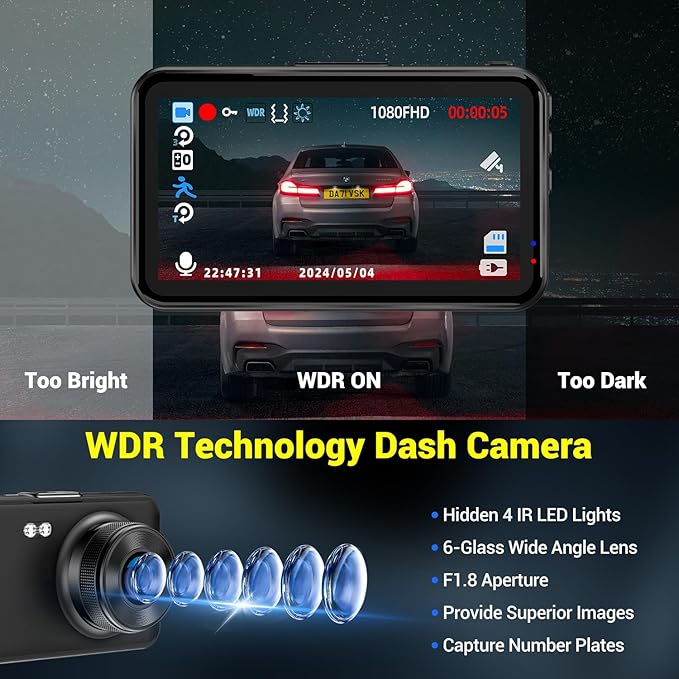 Dash Cam, Dash Camera for Cars 1080P FHD Dashcam DVR Car Camera Dash Cam Front W/ 32GB Card,Night Vision,170°Wide Angle 3”IPS Screen Dash Camera Loop Recording G-Sensor Motion Detection Parking Mode