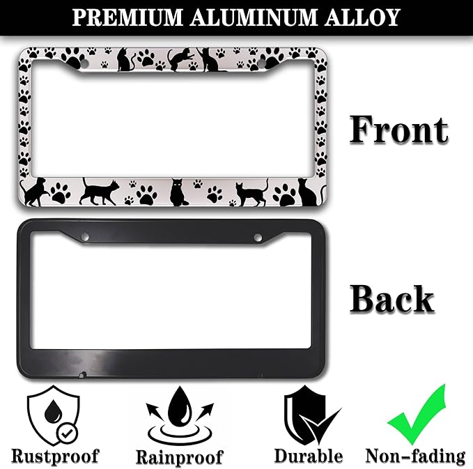 License Plate Frames Black and White License Plate Cover Kitty Cat Pawprints Aluminum Metal Car Accessory 2 Pack with Screw Covers Set