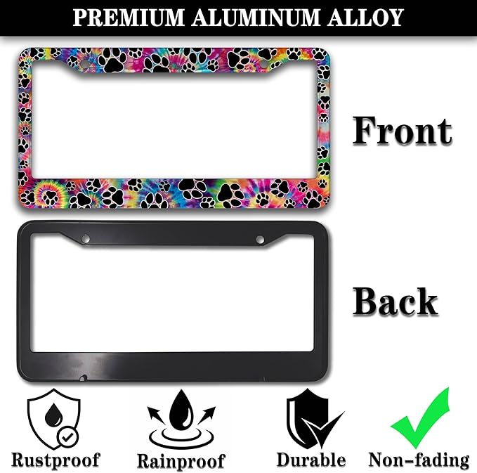 License Plate Cover for Men Multicolor License Plate Frames for Women Tie Dye Paw Print Aluminum Metal Car Accessory 2 Pack with Screw Covers Set