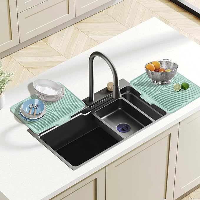 Dish Drying Mat, Stone Drying Mat for Kitchen Counter with Built-in Drain, Non-Slip Drying Matt Kitchen Counter, Heat Resistant Silicone Drying Mat, Dish Drying Pad, 2 Pcs (Mint 19.7" x 17")