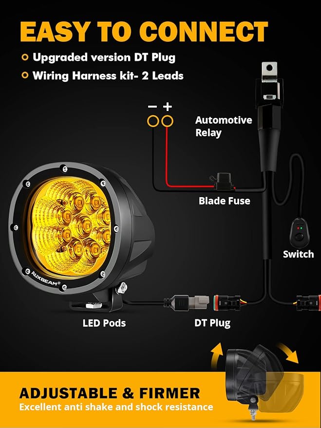 Auxbeam 4 Inch Amber Round LED Driving Light, 2PCS 90W 9000LM Yellow Fog Pods Light Bar Off-Road Flood Work Energy-Efficient Lights with DT Plug Wiring Harness Kit for Truck Jeep Pickup ATV UTV SUV