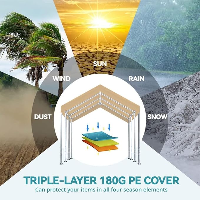 10'x20' Upgraded Carport Replacement Top Canopy Cover Beige for Car Garage Top Tarp Shelter Waterproof & UV Protected w/Ball Bungees (Only Top Cover, Frame is not Included)