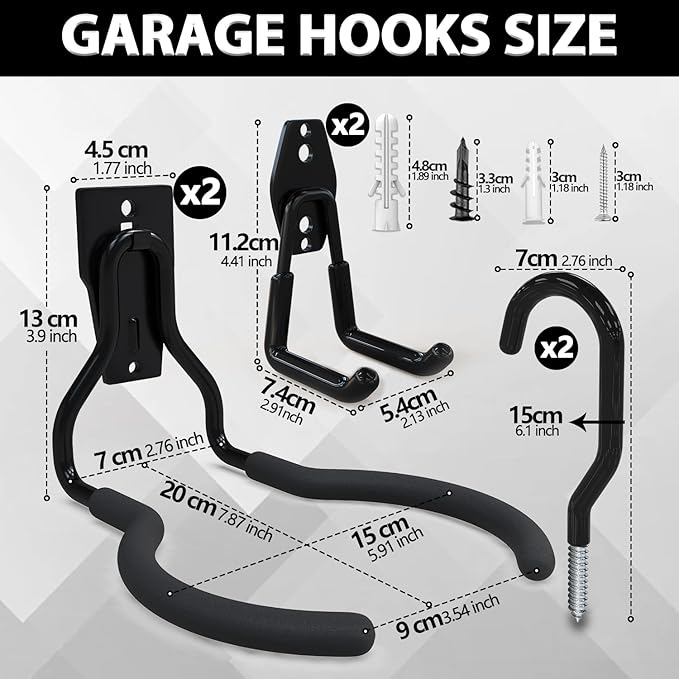 3-H Weed Eater Hanger 2 Pack,2 Garden Hose Holder,2 Screw in Hooks,Utility Weedeater Rack,Tool Hangers for Organizing and Hanging Weed Wacker,Leaf Blower,String Trimmer in Garden