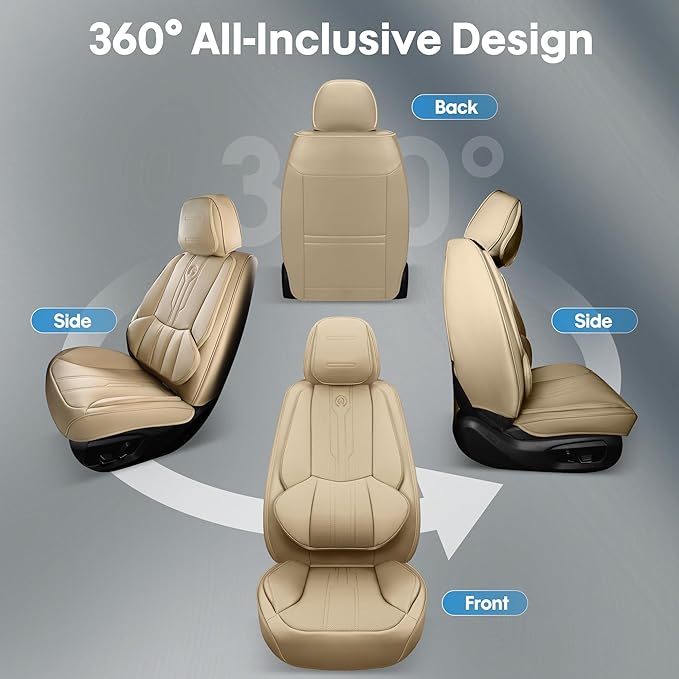 AOOG Car Seat Covers Full Set, Leather Seat Covers for Car, Waterproof Car Seat Protector with Lumbar Support, Automotive Seat Covers Universal Fit for Most Cars SUV Trucks (Full Set, Beige)
