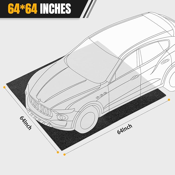 Heavy Duty Oil Spill Mat, Garage Floor Mat for Under Car, 64" X 64", Waterproof, 1/4" Rubber Backing Protects Floor, Reusable, Absorbs All Types of Spills (Black, 64" X 64")