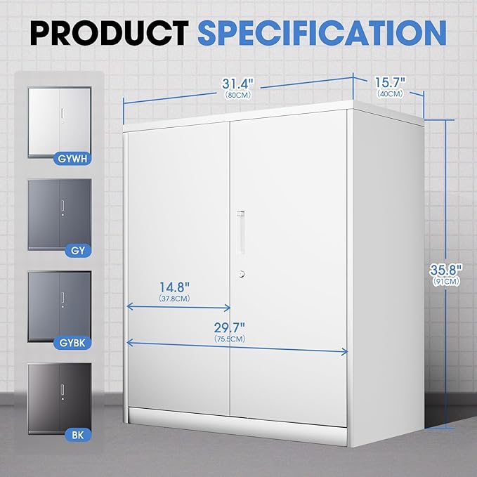 DNA MOTORING 36'' Metal Storage Cabinet, Locking Tool Cabinet with 2 Doors and 2 Adjustable Shelves, Heavy Duty Metal Locker for Garage,Office,Home,Gym, White, TOOLS-00631-WH-WH-A