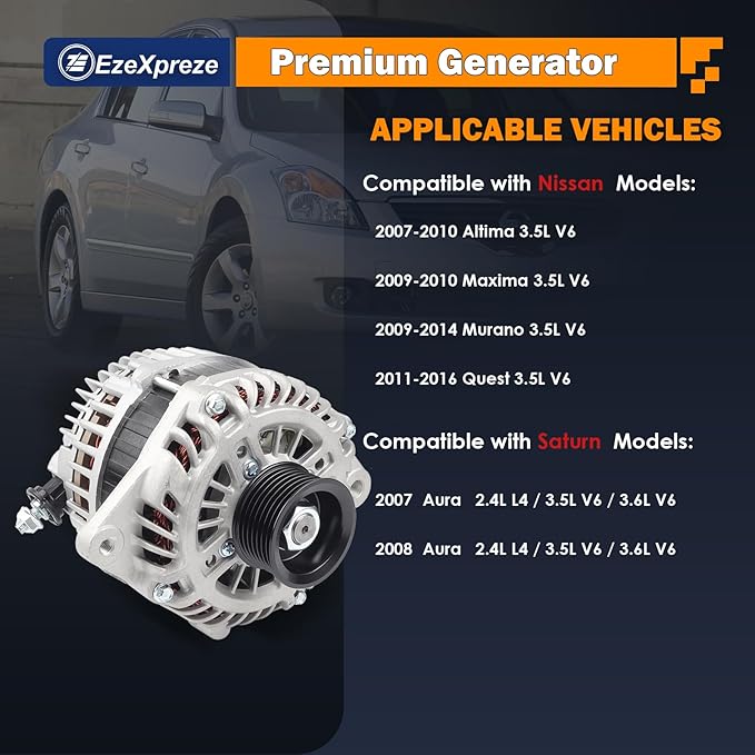 Ezexpreze Alternator fit 2007 2008 2009 2010 Nissan Altima, 2009 2010 for Nissan Maxima, 2009-2014 for Nissan Murano, 2011-2017 Nissan Quest OE Replacement 11341 11557