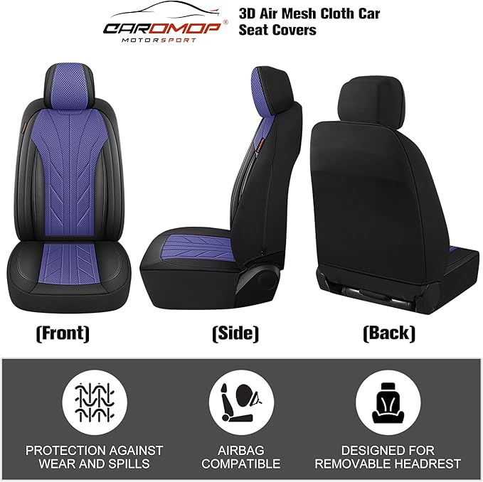 CAROMOP Luxury Faux Leather&Fabric Car Seat Covers 2 Front Seats with Breathable 3D Foam Back Support, Universal Seat Covers for Cars,Trucks,SUVs, Front Armrests Compatible(Black/Blue)