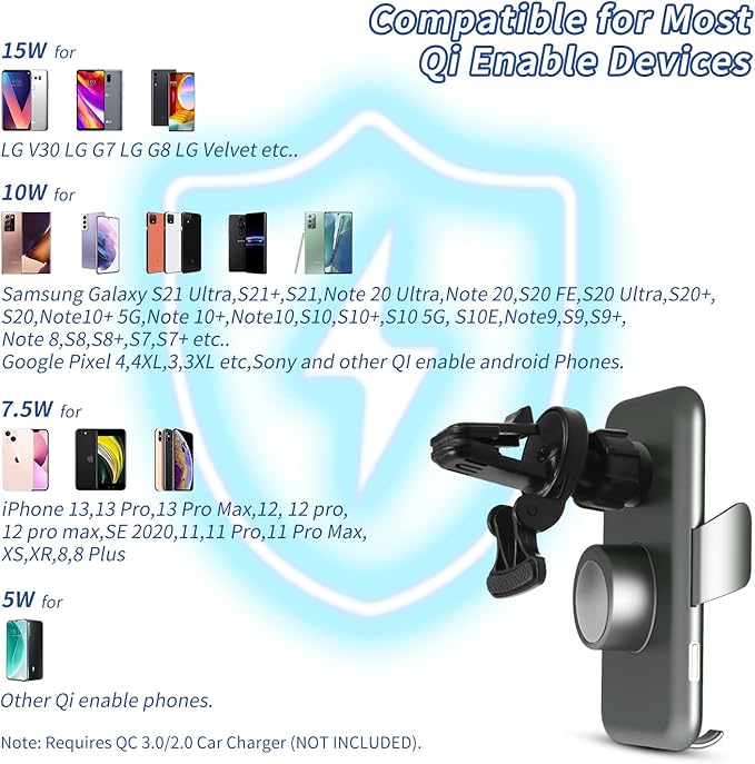 15W Fast Car Mount Charger, Charging Wireless Car Charger Phone Mount Phone Stand, Car Charger for iPhone 15 14 13 12 11 Pro Max, Samsung etc Windshield Dashboard Air Vent Auto Clamping Phone Holder