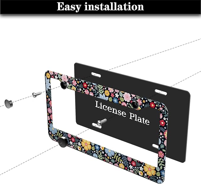 License Plate Protector Multicolor License Plate Frames Colorful Floral Flowers Universal Aluminum Car Accessory 2 Pack with Screw Covers Set