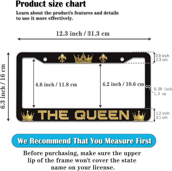 License Plate Frames Black Yellow Automotive Exterior Accessories The Queen Universal Aluminum Car Accessory 2 Pack with Screw Covers Set