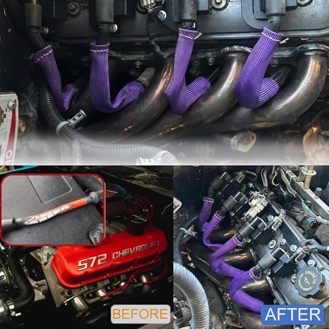 Spark Plug Wire Boots Protection 8 PCS Spark Plug Wire Heat Shield 6 Inches 2500° Spark Plug Heat Sleeve Cover Wrap for LS1 / LS2 Sbc BBC 350 454 (Purple)