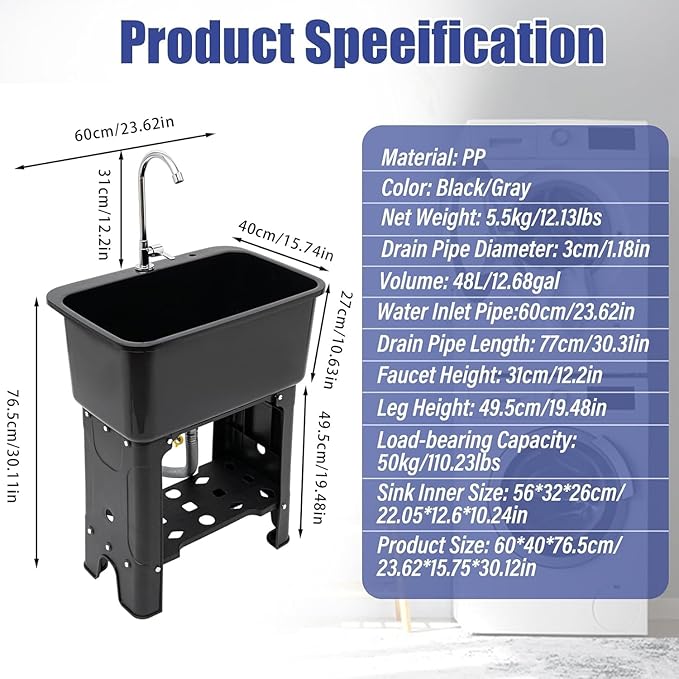 Free Standing Utility Sink with Washboard Laundry Tub Sink for Outdoor,Garage,Basement,Garden wuth Faucet,Drain,Storage Shelf (Black, 23.6 * 15.8 * 30.1in)