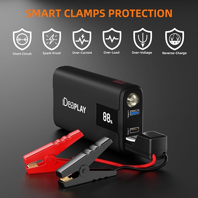 IDEAPLAY J10 Jump Starter, 2000A 12V Car Battery Jump Starter Portable for Up to 8.0L Gas and 7.0L Diesel Engine, Jump Box with Jumper Cables, Type C Fast Charging Battery Jumper with LED Flashlight