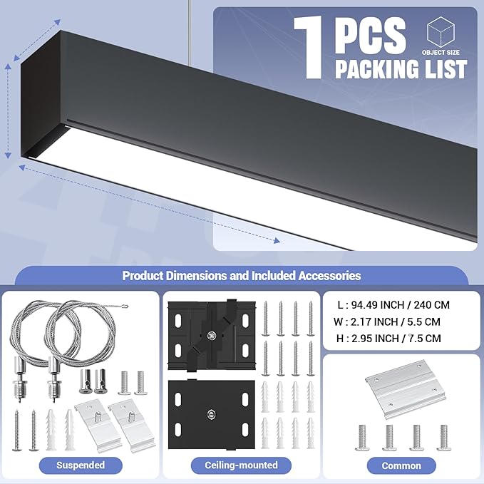 8FT LED Linear Lights 100/90/80/70/60W Up and Down Light, 3000K/4000K/5000K 8 Feet Commercial Linkable Shop Lighting for Office Garage Shop Dining Room bar, 0-10V Dimmable 8’ Architectural Fixture,ETL
