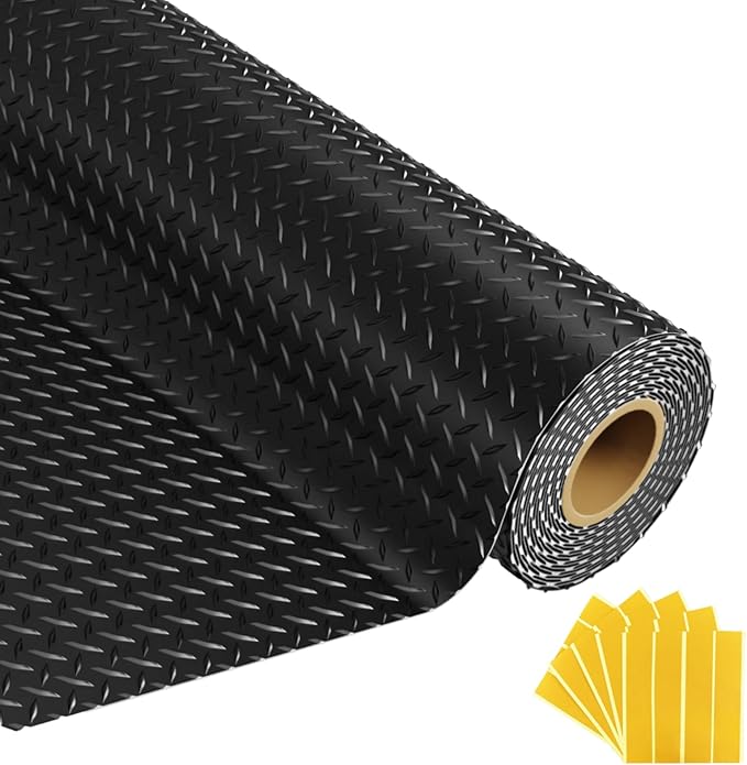 8x20 FT Garage Floor Mat, 2.8mm Thickened Flooring Roll Diamond Plate PVC Rubber Trailer Mat with 20 Pcs Tapes, Non-Slip Floor Protector Mat for Garage, Warehouse, Gyms, Trailer, Black