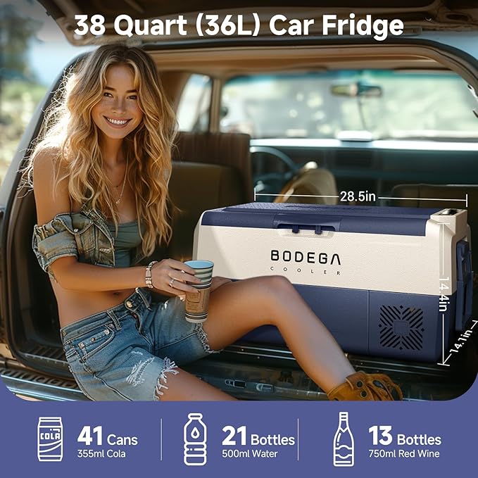 BODEGACOOLER 12 Volt Car Refrigerator,38 Quart Portable Truck Freezer,Electric Cooler Bluetooth Control,(36) -4℉-68℉ RV Refrigerator 12/24V DC and 100-240V AC for Travel,Camping,Road Trips,Van,Home