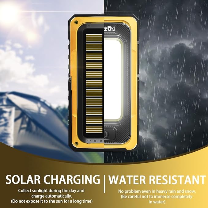 WARSUN Portable Rechargeable Magnetic Work Light, LED Flood Light Waterproof for Outdoor Camping Hiking Emergency Car Repairing (USB + Solar Charging, Yellow)