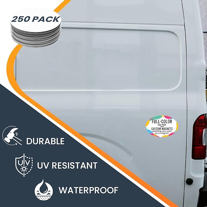 Magnet Me Up Customizable Magnet Pack, Oval Magnetic Decal, Advertising, Personal Use, Gifts, Souvenir, Choose Your Text, Upload Image, Add Text, 250 Pack, 4x6 Inches, Bumper Magnet, Crafted in USA