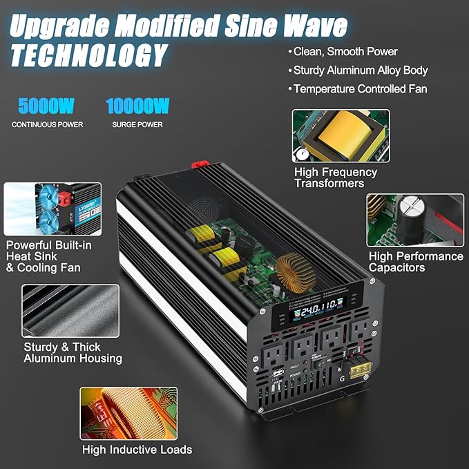 LVYUAN 5000 Watt Power Inverter 24V to 110V 120V for Vehicle, Solar Inverter System, Heavy Duty, RV, Truck, Off Grid,Camping with 4 AC Outlets, LCD Display, Wireless Remote Control, Car Power Inverter