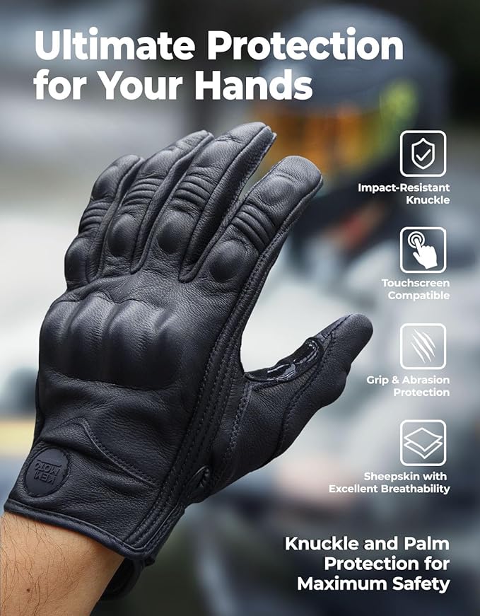 KEMIMOTO Motorcycle Leather Gloves, Sheepskin Protective Gloves for Men and Women, Touchscreen Compatible, Hard Knuckle，Gear for Motorcross Racing Cycling