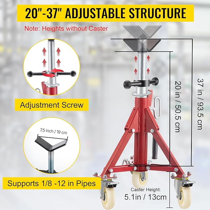 VEVOR Pipe Stand, Pipe Jack Stand, V Head Pipe Stand Adjustable Height 20-37 Inch, Pipe Jack Stands with Casters 882 LB, Folding Portable Pipe Stands 1/8 to 12 Inch Pipe Supporting, Steel Jack Stand