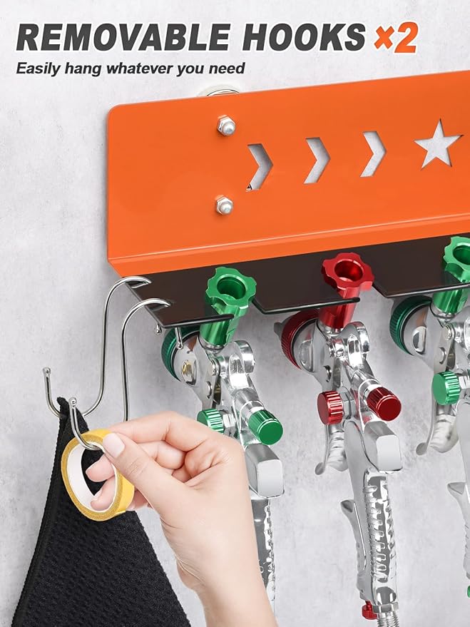 Paint Spray Gun Rack for Magnetic or Wall Mount, Holds 7 Gravity Feed Guns or 4 with Cups, Heavy-Duty Steel Paint Organizer with S-Hooks for Garage, Body Shop or Workshop, Orange