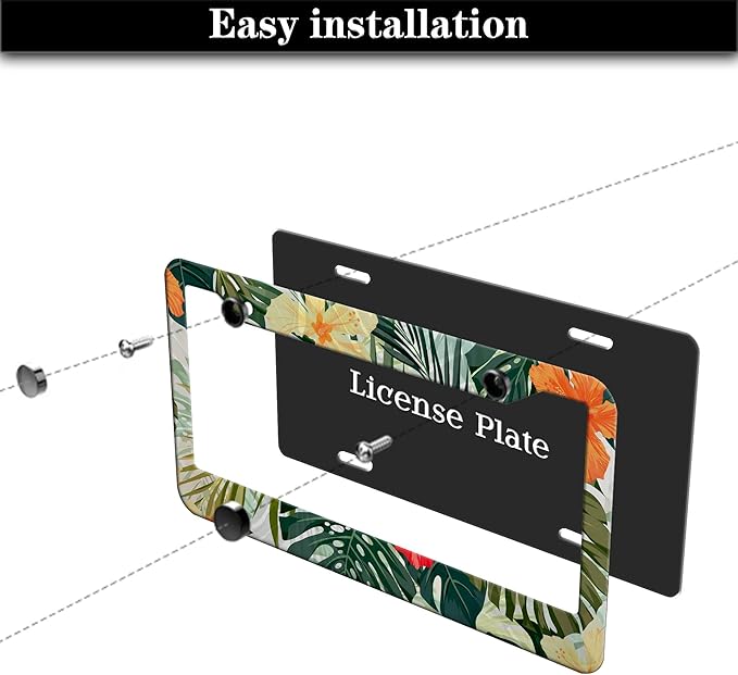 Car Plate Frames Multicolor License Plate Protector Hawaiian Retro Tropical Palm Leaves Universal Aluminum Car Accessory 2 Pack with Screw Covers Set