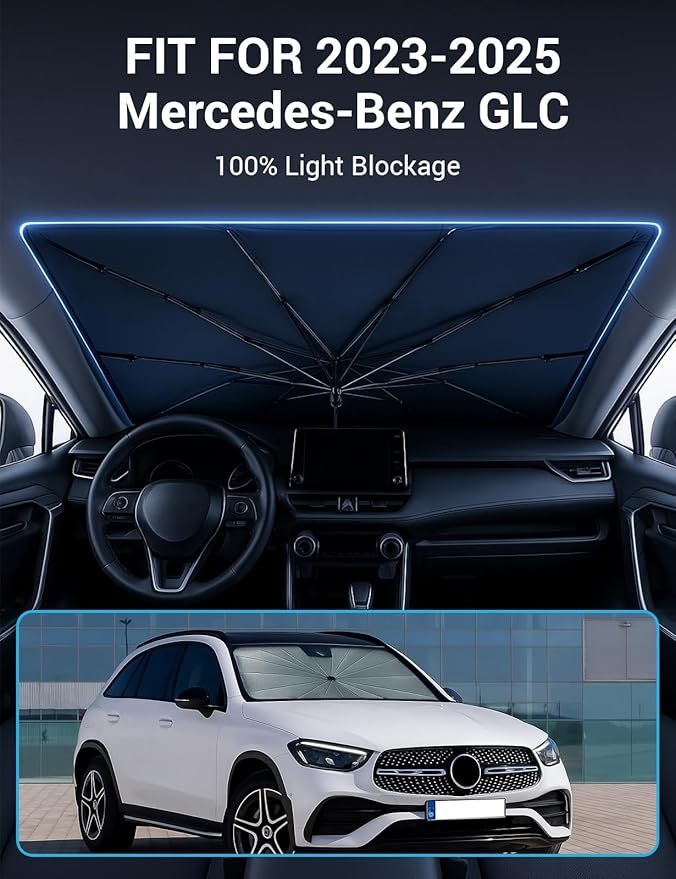 Proadsy Windshield Sun Shade Umbrella for Mercedes-Benz GLC 2023-2025 Foldable Car Umbrella Sunshade with Soft TPU Handle Spring Structure Crystal Cooling Material Protect Car from Rays & Heat