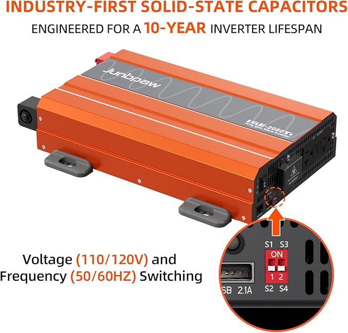 2080W Pure Sine Wave Inverter, 12V DC to 110V/120V AC, 6000W Peak, 5V/2.1A USB, Quiet Fan, Capacitor, Off-Grid Solar Power for RV, Camping, Emergency, Truck (LGE-2080Ti)