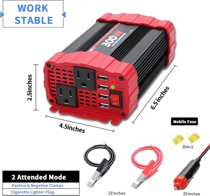 BYGD 300W Car Power Inverter, DC 12V to 110V AC Vehicle Plug Adapter Converter with 4 USB Quick Charging Ports and Dual AC Outlets Car Charger Equipped Cigarette Lighter Cable and Battery Clamps Red