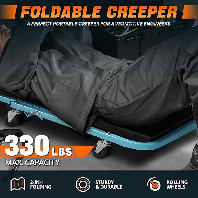 DNA MOTORING 40 Inches Folding 2 in 1 Rolling Z Creeper, Adjustable Roller Garage Chair Lay Down or Sit, 6 Pcs 2" Casters, 150kg Weight Capacity, Tiffany Blue, TOOLS-00187-TB