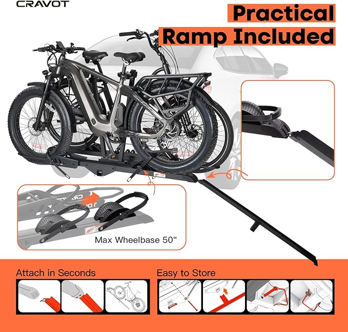 CyberRack E2 Ebike Rack, 200 lbs Capacity Foldable Bike Racks for Tow Hitch Heavy Electric Bike Carrier for 2 E-Bike, Up to 5-inch Fat Tire 2'' Receiver
