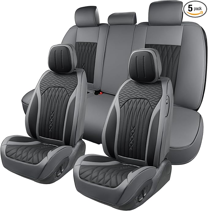 Car Seat Covers Full Set, Leather Seat Covers for Cars, Car Seat Protector Waterproof, Non-Slip Car Interior Covers Fit for Most Cars, SUV, Vans, Trucks,5Seaters,Full Set,Gray-Black,COMFDRIVE-A03