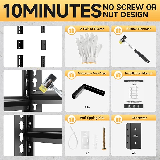 5-Tier 60”D X 20”W X 72”H Garage Shelving Heavy Duty 3000LBS Shop Shelves Heavy Duty Adjustable Unit Rack Metal Rack (Black)