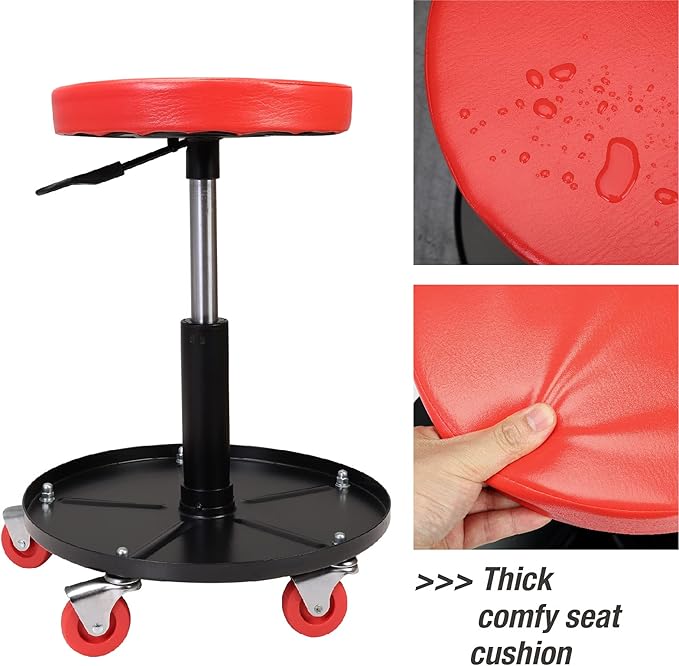 BIG RED ATRHL6201R Torin Heavy Duty Rolling Pneumatic Creeper Garage/Shop Seat: Padded Adjustable Mechanic Stool with Tool Tray Storage, Red Large,15.36" D x 15.36" W x 4.73" H