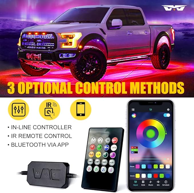 LUMENIX Double Row RGB LED Car Underglow Lights Kit, 4PCS Exterior Neon Accent Bluetooth Under Glow Light Strip for Cars SUVs Trucks Van, w/Dynamic Music & DIY Mode Underbody Chase Lights