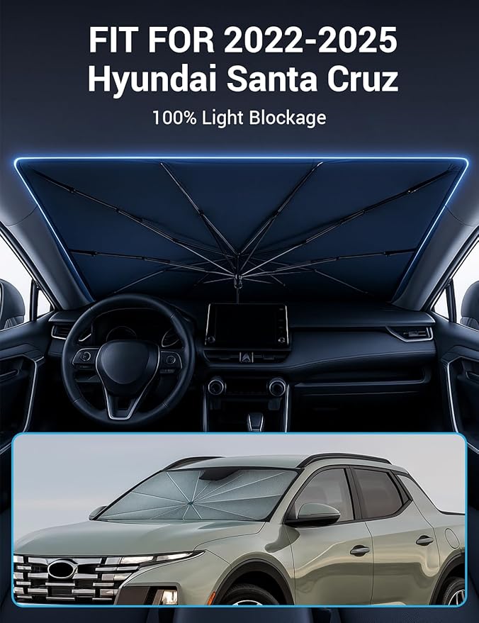 Proadsy Windshield Sun Shade Umbrella for Hyundai Santa Cruz 2022-2025 2026 Foldable Car Umbrella Sunshade with Soft TPU Handle Spring Structure Crystal Cooling Material Protect Car from Rays & Heat