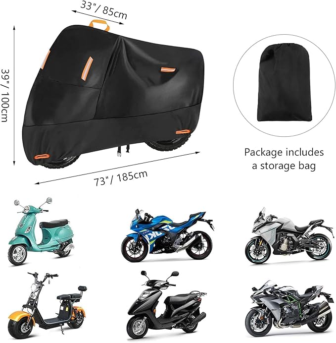 300D Heavy Duty Small Motorcycle Cover, Seceles All Season Durable Waterproof Outdoor Protection Scooter Cover with Lock-Holes Storage Bag Fits up to 72 inch Bike (M: 72" x 33" x 39")