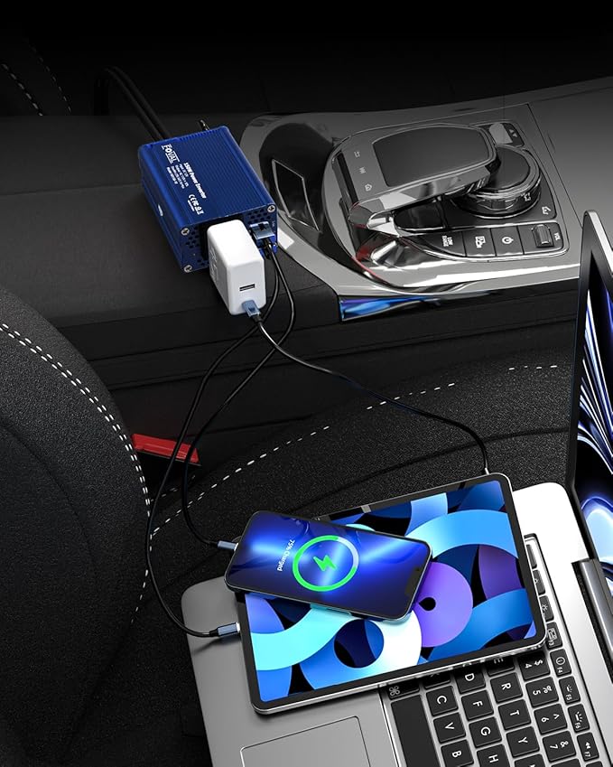 FOVAL 150W Car Power Inverter 12V DC to 110V AC Converter Vehicle Adapter Plug Outlet with 3.1A Dual USB Car Charger for Laptop Computer (Classic Blue)