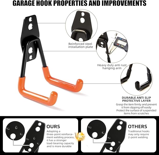 Garage Hooks, 4 Pack Large Square Wall Hooks for Hanging Heavy Duty Ladders, Bikes, Tools Ideal for Garage, Garden, Basement Utility Room Storage (Black)