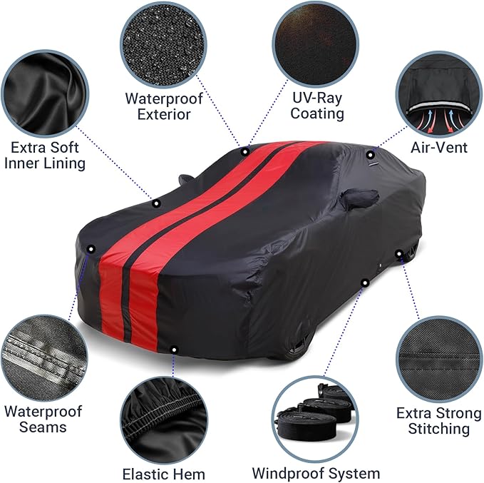 iCarCover Custom Car Cover for Chevy Aveo Sedan (2004-2022) Waterproof All Weather Rain Snow UV Sun Protector Full Exterior Indoor Outdoor Car Cover (Stripe - Black/Red)