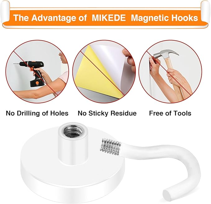 MIKEDE Magnetic Hooks Heavy Duty, 28LB+ Strong Magnetic Hooks for Cruise, Neodymium Earth Magnets with Hook for Hanging, Magnetic Metal Hanger for Fridge, Toolbox, Storage, (White, 4 Pack)