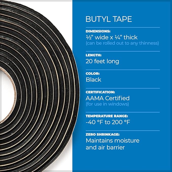 Second Skin Butyl Sealant Tape – Butyl Rubber Sealant, Multi-Purpose Butyl Rope, and Putty Tape for Automotive (Car, RV, Marine) – 1/4” x 1/2" x 20’ – Made in The USA